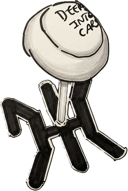 Hand-drawn DEEP INTO CARS gear shifter illustration above the brand monogram